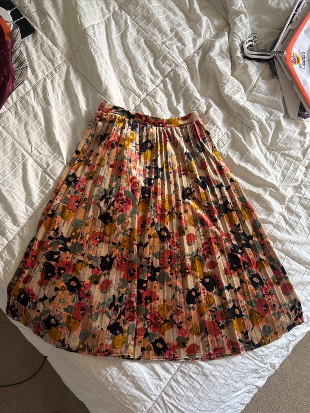 Maeve Pleated Floral Midi Skirt in Peach and Black Accents